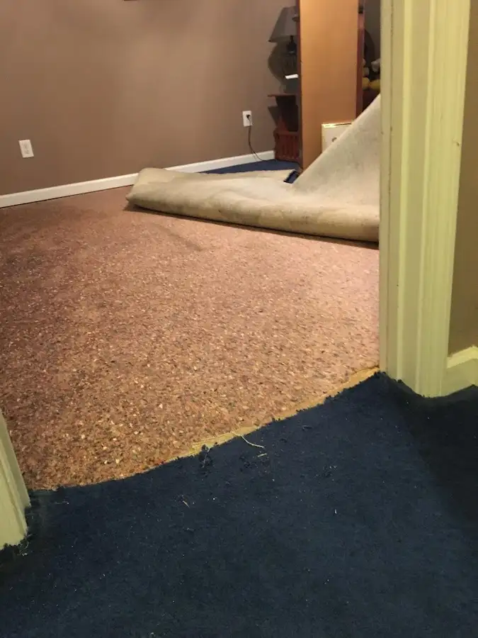 Carpet pad removal revealing water damage during Water Mitigation Services in Pleasant Valley