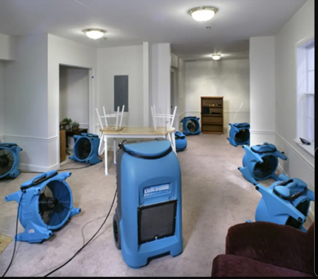 Air movers and dehumidifier setup for Water Damage Restoration in Pleasant Valley